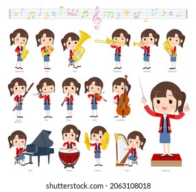 A set of wearing a happi coat woman on classical music performances.It's vector art so easy to edit.