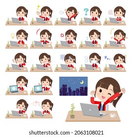 A set of wearing a happi coat woman on desk work.It's vector art so easy to edit.