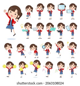 A set of wearing a happi coat woman with digital equipment such as smartphones.It's vector art so easy to edit.