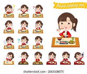 A set of wearing a happi coat woman about meals.It's vector art so easy to edit.