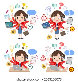 A set of wearing a happi coat woman who perform multitasking in the office.It's vector art so easy to edit.