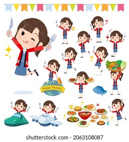 A set of wearing a happi coat woman on food events.It's vector art so easy to edit.