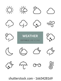 Set of Weater related vector line icons with editable stroke. Contains icons such as Sun, Cloud, Rain, Snow and more.