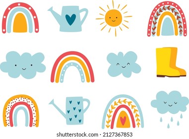 Set of weather cartoon design elements. Watering can, rubber boots, rainbows, sun, and clouds. Vector illustration.