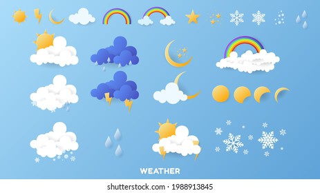 Set weather, clear sky, cloudy sky, rain, rainbow, lightning, moon, cloud, snow, and stars , illustration of the weather concept ,Paper cut style ,Vector illustration EPS 10