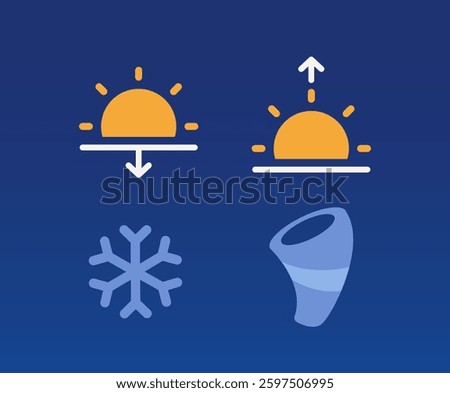 Set of weather and climate icons featuring sunrise, sunset, snowflake, and tornado symbols on a dark blue background. Concept of meteorology and weather forecasting. Vector illustration