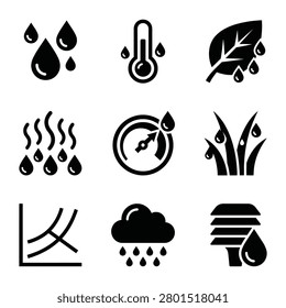 Set of weather and climate icons including rain, humidity, temperature, and meteorological measurement tools