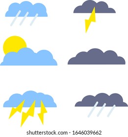 Set the weather. Cloud with lightning, rain, sun, storm. Meteorology. Seasons and nature. Atmospheric phenomenon. Cartoon flat icon
