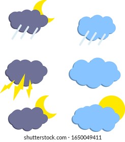 Set the weather. Cloud with lightning, rain, sun, moon, storm. Meteorology. Seasons and nature. Atmospheric phenomenon. Cartoon flat icon