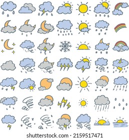 Conjunto de clima, nube, sol, arcoiris, lluvia, iluminación, nieve, viento y puesta de sol 