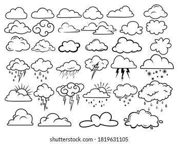 Set of weather clouds. Collection of weather natural clouds of different shapes. Storm sky. Vector illustration for the weather forecast. Overcast. Meteorology. Drawing for children.