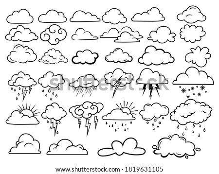 Set of weather clouds. Collection of weather natural clouds of different shapes. Storm sky. Vector illustration for the weather forecast. Overcast. Meteorology. Drawing for children.