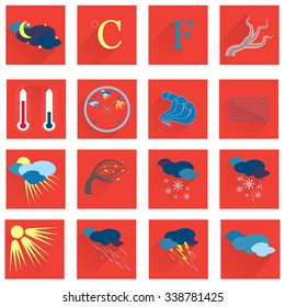 Set with the Weather Colored Icons Made in Flat Style and Placed on the Red Buttons.