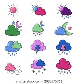 Set of Weather Colored vector illustration with simple hand drawn sketching style