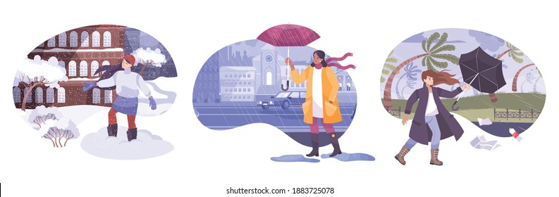 Set of weather compositions with human characters wearing seasonal clothes in front of flat outdoor landscapes vector illustration