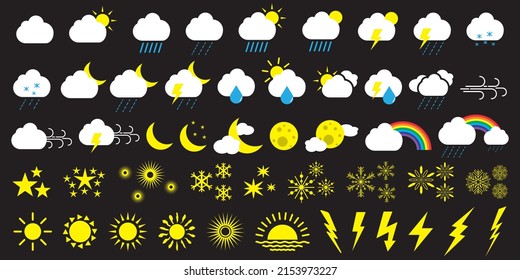 Set of weather conditions icons in cartoon style. Suitable for web design elements. Clouds, sunny day, moon, snowflakes, wind, sun day, rainbow, etc. Vector illustration.