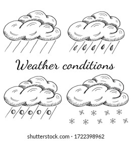 Set of weather conditions - rain, downpour, hail, snow. Clouds with rainfall isolated on white. Hand drawn vector illustration in sketch realistic style. Concept of forecast, predictions, icons