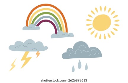 Conjunto de condições climáticas sol, raios, nuvens, chuva, arco-íris. Ilustração em cores planas. Bela primavera e verão clima. Cria um clima acolhedor. Adequado para decoração, cartões postais, embalagem, impressões