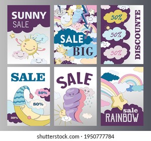 Set of weather discount flyers cartoon vector illustration. Different weather states posters in flat colorful design with sale announcement and fairy sky characters. Sale, weather, nature concept