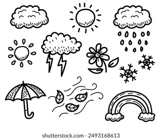 Set of weather doodle illustration on white background. Hand-drawn weather elements vectors.