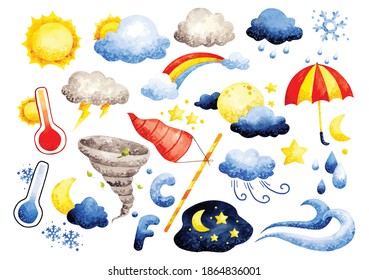 Set of weather doodles watercolor vector illustration