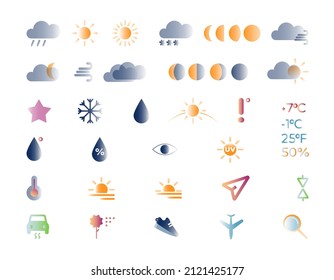 Set of weather elements for apps and web: cloud, sun, moon, snow, rain, storm, wind, moon phases, overcast, temperature, humidity, sunrise, sunset, pressure, UV index, etc. Flat vector illustration