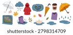 Set of weather elements including umbrellas, rubber boots, raincoats, puddles, clouds, raindrops, paper boat, autumn leaves, rainy window, Educational weather icons, printable stickers, planner elements, set of seasonal autumn illustrations.