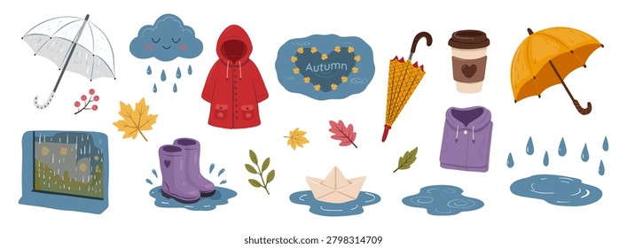 Set of weather elements including umbrellas, rubber boots, raincoats, puddles, clouds, raindrops, paper boat, autumn leaves, rainy window, Educational weather icons, printable stickers, planner elements, set of seasonal autumn illustrations.