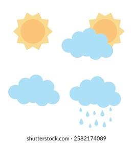 Set of weather elements stickers, sun behind a cloud, drops are dripping from the cloud. Vector illustration