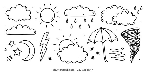 Set of weather elements - sun, clouds, rain, wind, snow, tornado, lightning, crescent moon, stars. Vector hand-drawn illustration in doodle style. Perfect for cards, decorations, logo, various designs