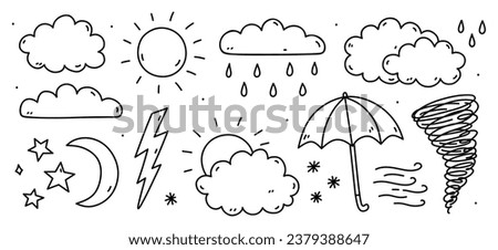 Set of weather elements - sun, clouds, rain, wind, snow, tornado, lightning, crescent moon, stars. Vector hand-drawn illustration in doodle style. Perfect for cards, decorations, logo, various designs