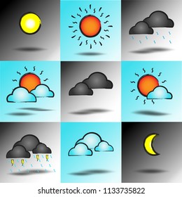 Set of Weather flat icon colourful with shadow.