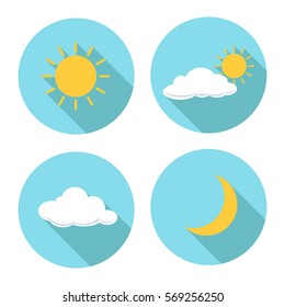 Set of weather flat icon, sun cloud and moon. Vector.