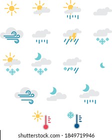 Set of Weather flat vector icons. symbols of the Sun, Clouds, Snowflakes, Wind, Rainbow, Moon