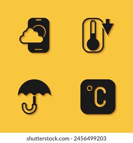 Set Weather forecast app, Celsius, Umbrella and Thermometer icon with long shadow. Vector