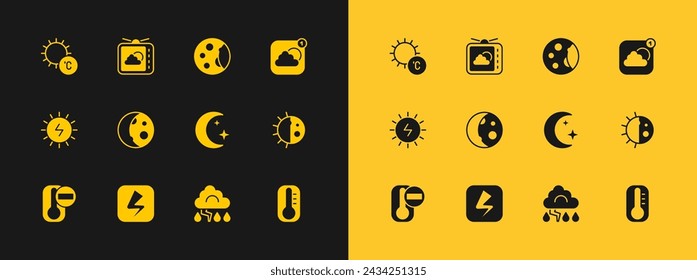 Set Weather forecast app, Lightning bolt, Moon and stars, Cloud lightning, phases, Sun and  icon. Vector