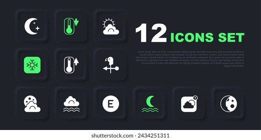 Establecer aplicación de pronóstico del tiempo, fases de la luna, termómetro, humo de niebla nocturna, copo de nieve, niebla y nube, y brújula icono oeste. Vector