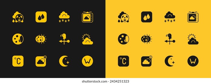 Set Weather forecast, app, Rooster weather vane, Moon and stars, Eclipse of sun, Cloud with snow, Acid rain radioactive cloud and Water drop icon. Vector
