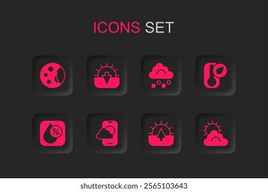 Set Weather forecast app, Sunset, Moon phases, Sunrise, Thermometer, and cloud weather, Hail and Water drop percentage icon. Vector