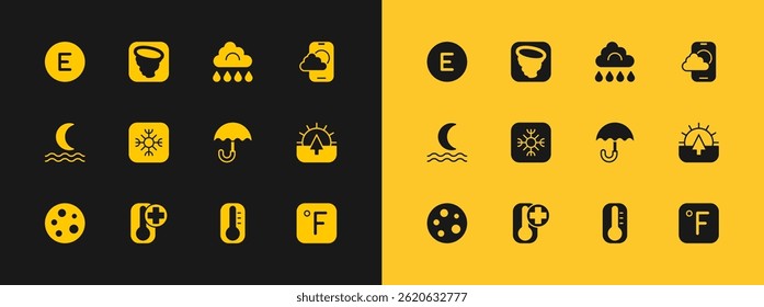 Set Weather forecast app, Thermometer, Umbrella, Snowflake, Cloud with rain, Compass west and Tornado icon. Vector