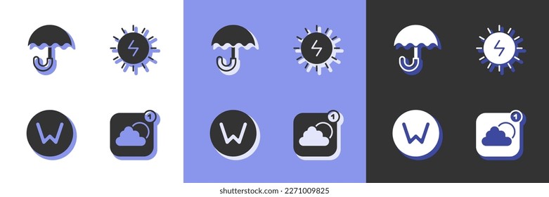 Ajuste la aplicación de pronóstico del tiempo, el paraguas, la brújula norte y el icono del panel de energía solar. Vector