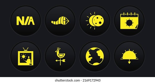Set Weather forecast, Calendar and sun, Rooster weather vane, Earth globe, Eclipse of, Cone meteorology windsock wind, Sunset and Not applicable icon. Vector