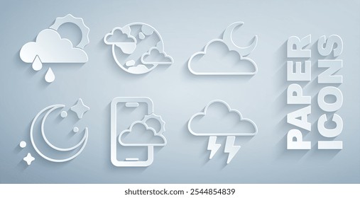 Set Weather forecast, Cloud with moon, Moon and stars, Storm, Earth planet clouds and rain sun icon. Vector