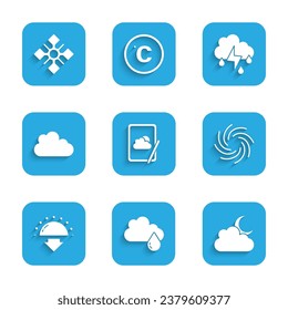 Set Weather forecast, Cloud with rain, moon, Tornado, Sunset, and lightning and Snowflake icon. Vector