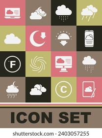 Set Weather forecast, Cloud with rain, Moon,  and Sunset icon. Vector