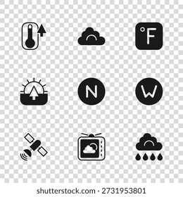 Set Weather forecast, Compass north, Cloud with rain, Fahrenheit, Thermometer,  and Sunrise icon. Vector