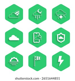 Establecer pronóstico de Clima, Cono windsock veleta de viento, relámpago, salida del sol, nube, con la nieve y el ícono de nubes de arco iris. Vector