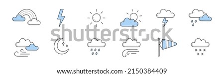 Set of weather forecast doodle icons, isolated vector linear rainbow, cloud and lightning, sun, moon, windsock, rain and snow. Climate design elements, meteorology, nature line art symbols collection