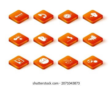 Set Weather forecast, Eclipse of sun, Meteorology thermometer, Sun and cloud, Wind, windsock wind vane, Earth globe and Tornado icon. Vector