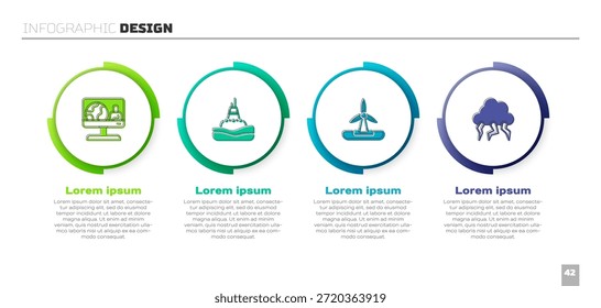 Set Weather forecast, Floating buoy on sea, Wind turbine and Storm. Business infographic template. Vector